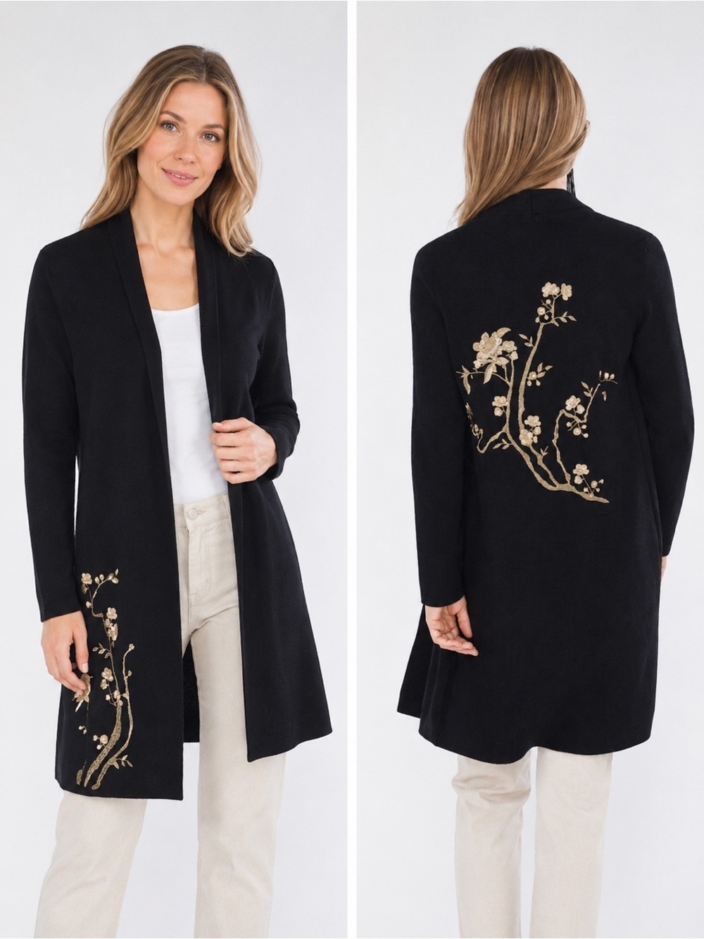 Chico’s Long open knit Cardigan Black & Gold Metallic Floral Embroidery size M